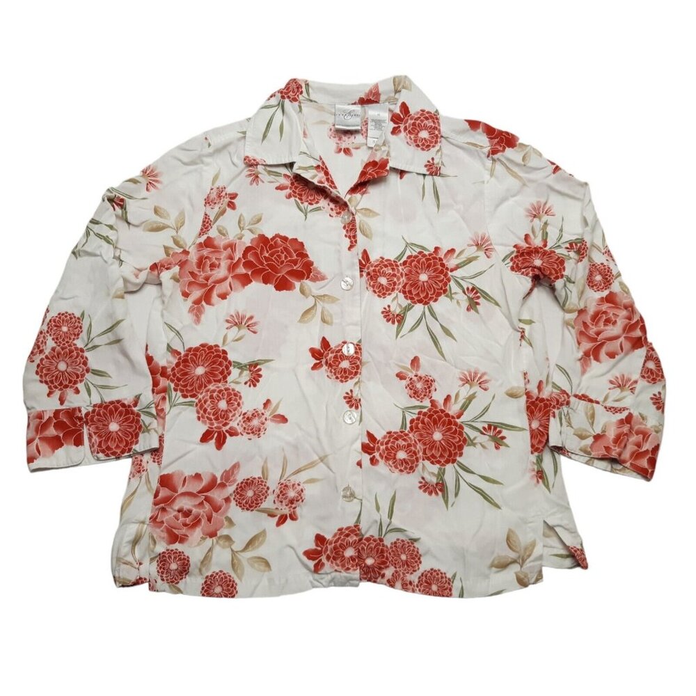 Emma James Blouse Womens Medium White Red Floral Button‎ Up Tropical Grandmacore